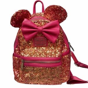 Disney Parks Loungefly Hot Pink & Gold Minnie Mouse Sequin Mini Backpack